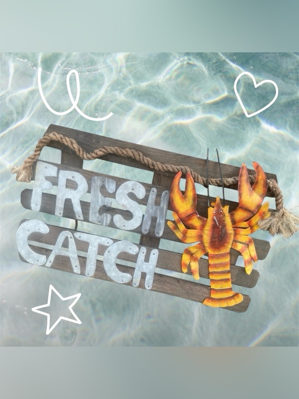 Rustic Lobster Beach House Wall Decor “Fresh Catch” Sign